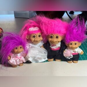 Vintage Set of Wedding Troll Dolls with Pink and Purple Hair